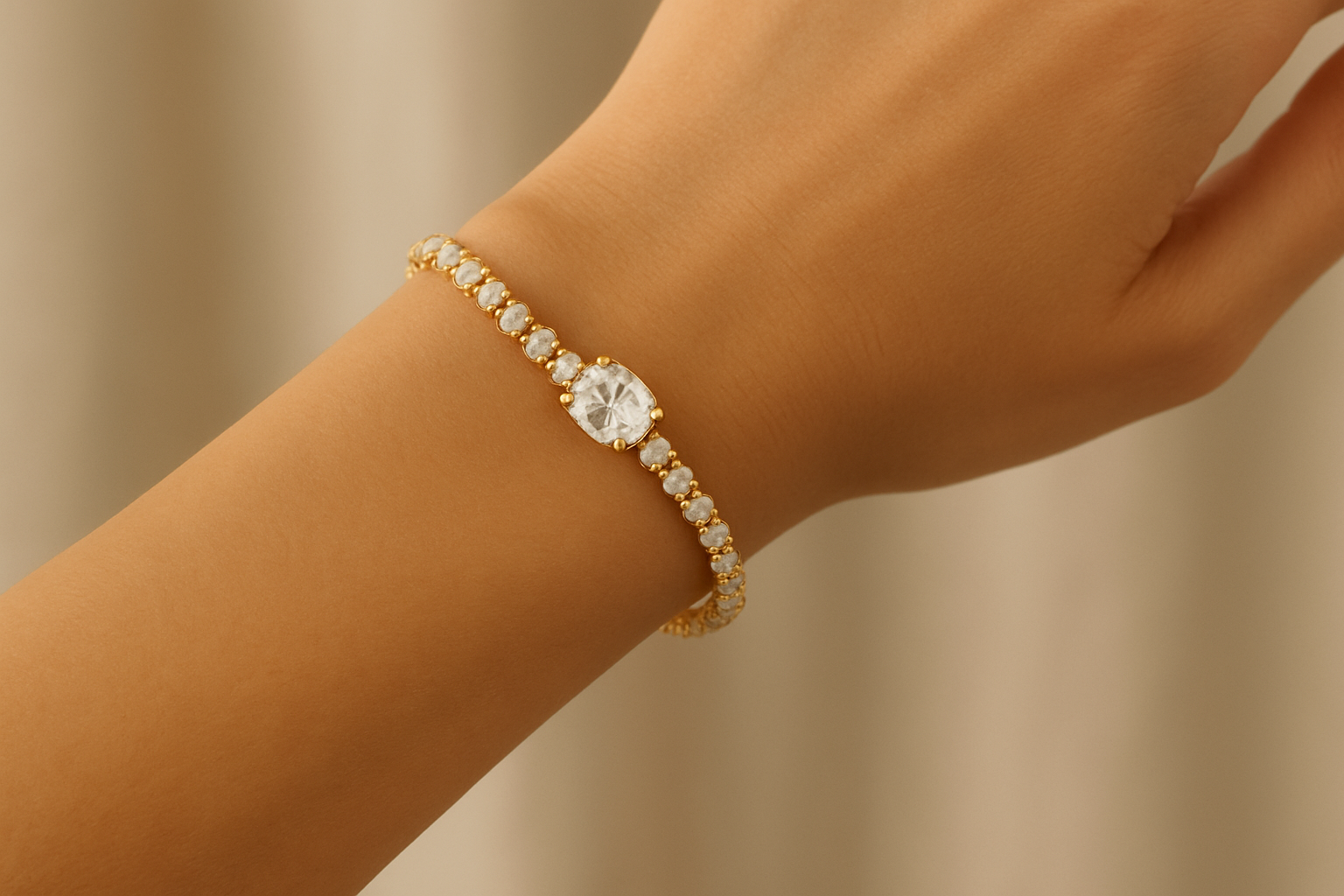 Bracelet shown on wrist demonstrating how it looks when worn