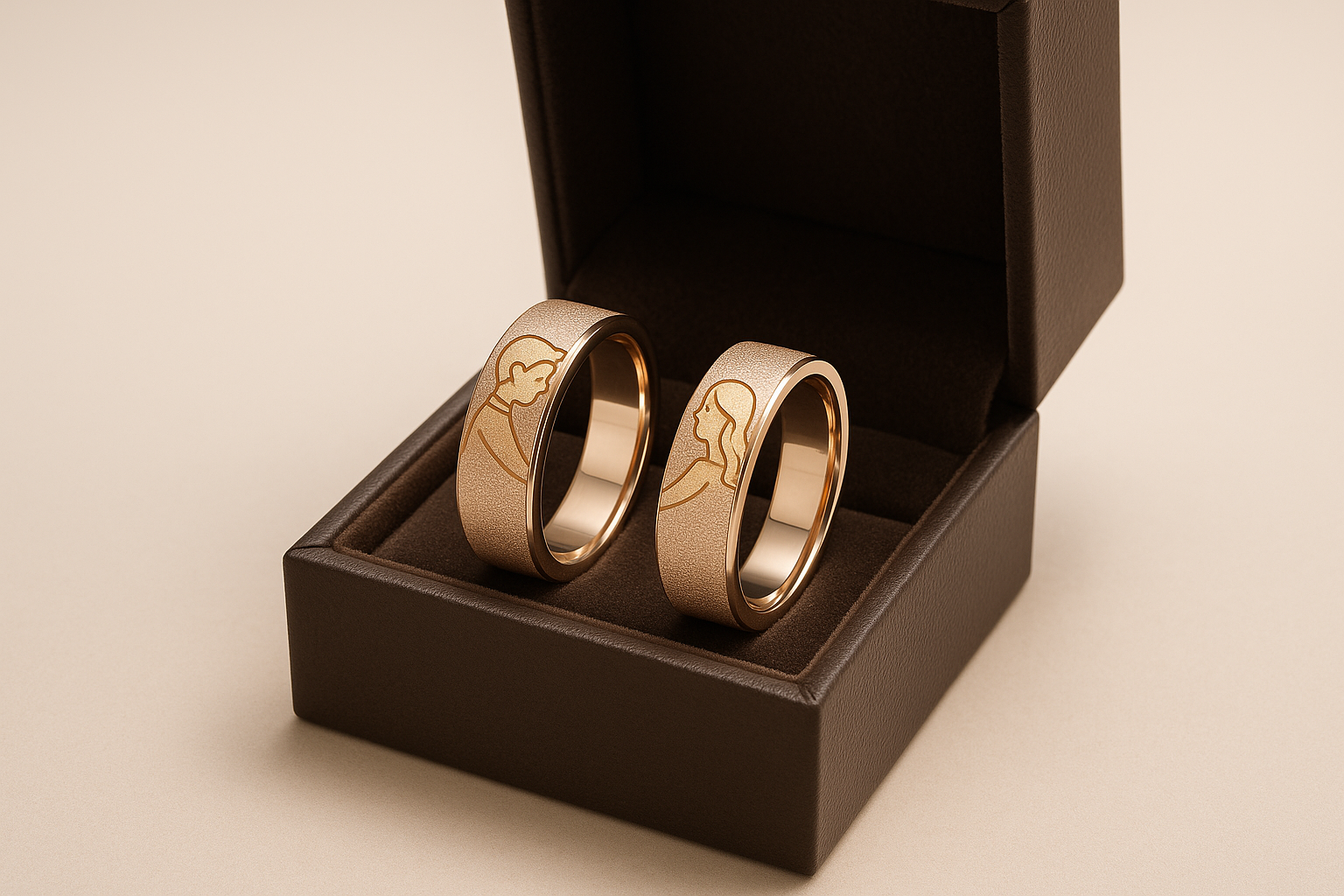 Couple rings elegantly displayed in luxury jewelry gift box
