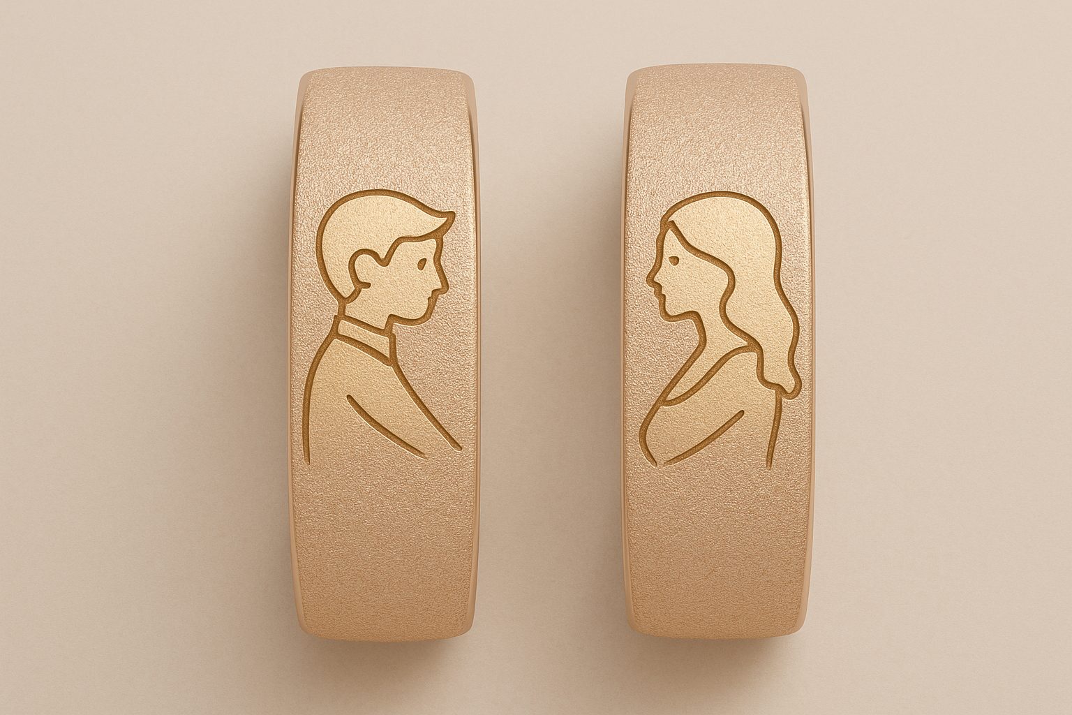Couple rings shown from above displaying the engraved couple designs