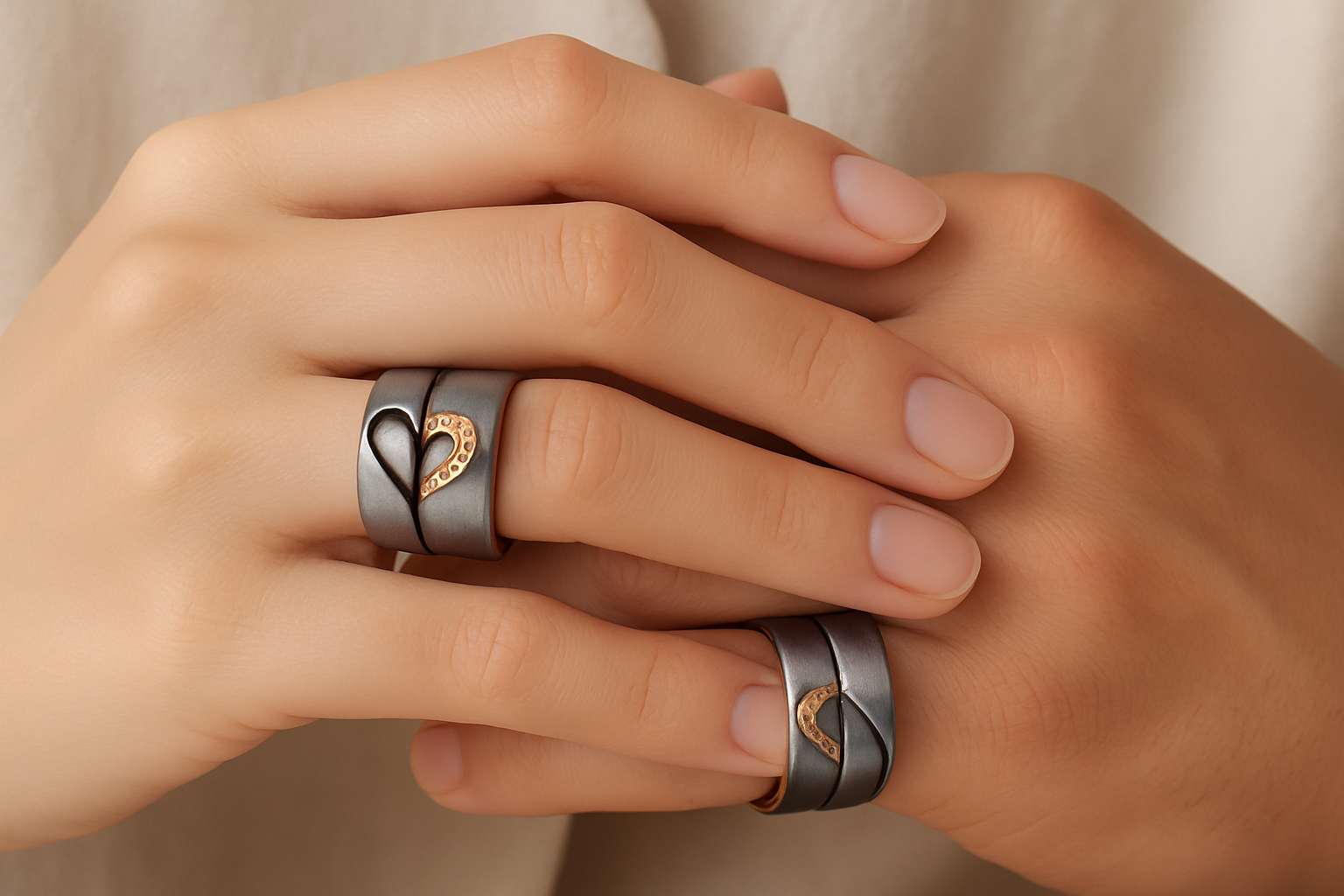 Couple's ring set being worn on hands
