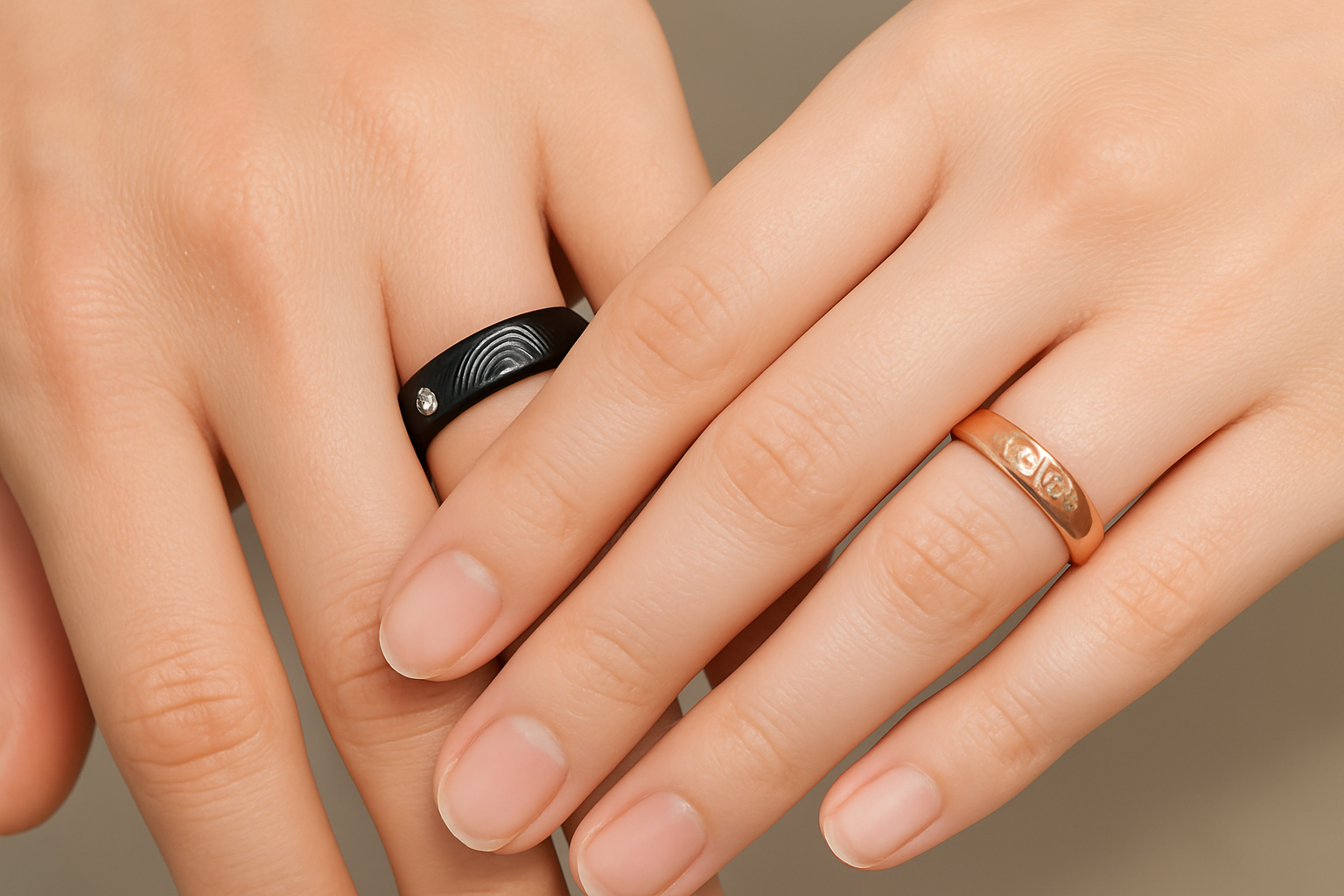Couple's ring set with black and rose gold bands being worn on hands