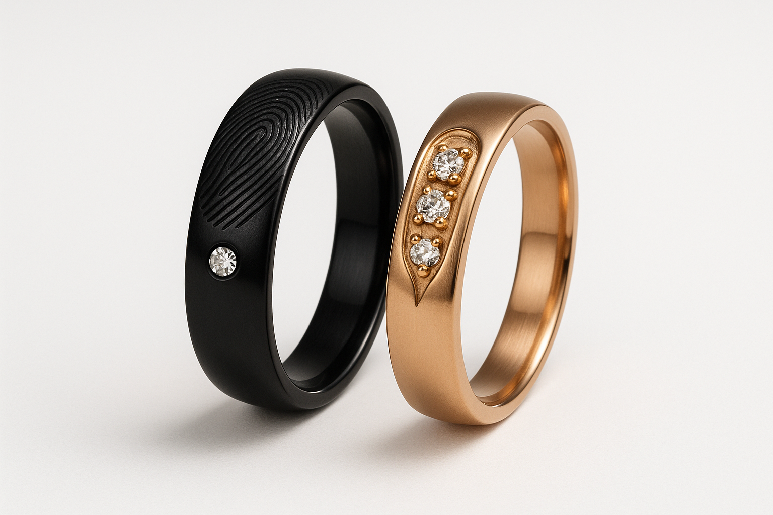 Couple's ring set with black and rose gold bands standing upright