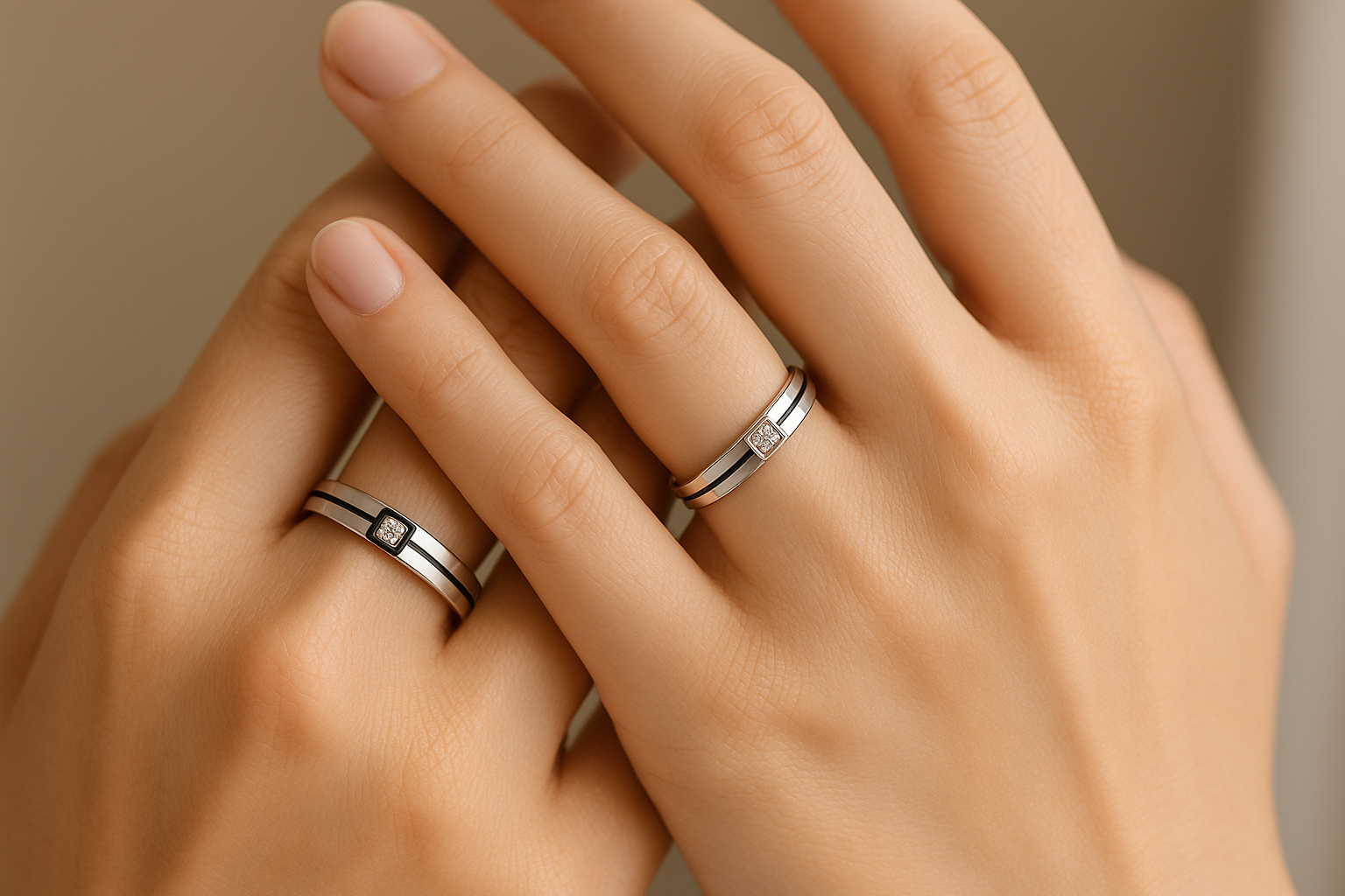 Matching wedding ring set being worn on hands