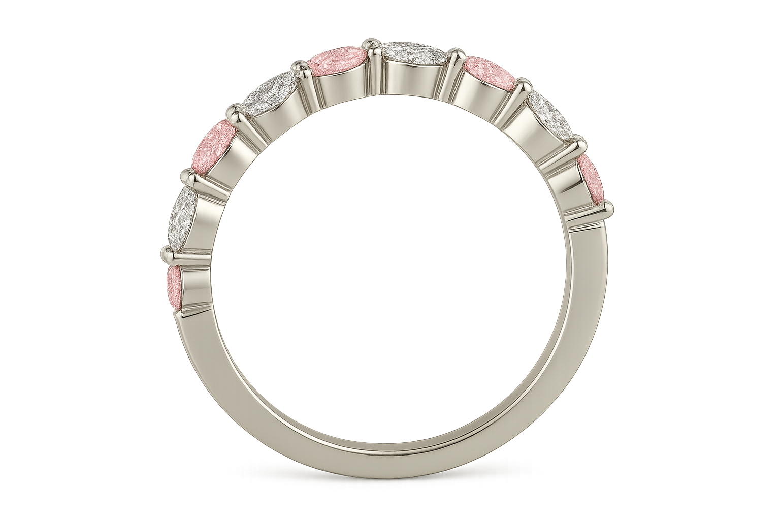 Ring photographed from the side showing band thickness and settings
