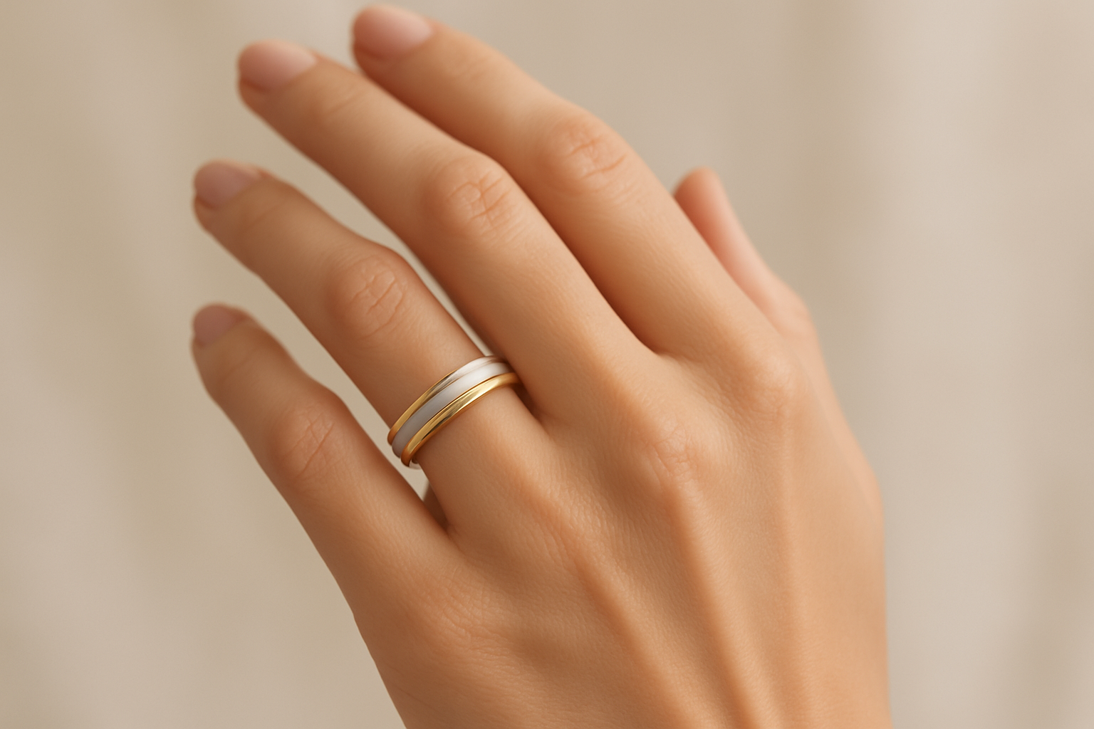 Tri-tone ring being worn on hand